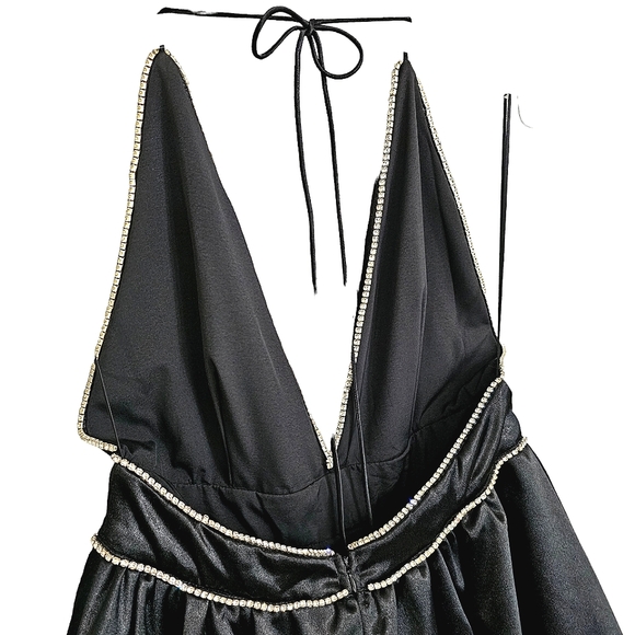 Nwot Lena Black Satin Halter Deep Plunge Rhinestone Trim Bubble Cocktail Dress - Picture 8 of 17